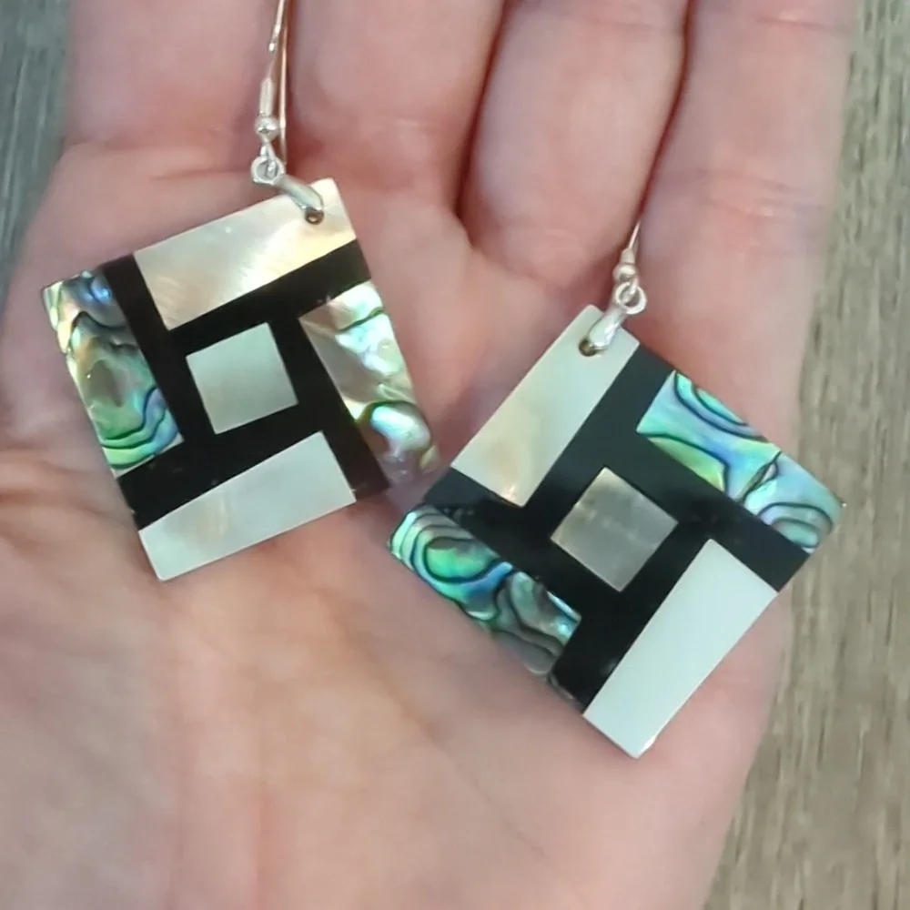 Abalone Mother Of Pearl And Onyx Sterling Silver Earrings - Picture 8 of 8